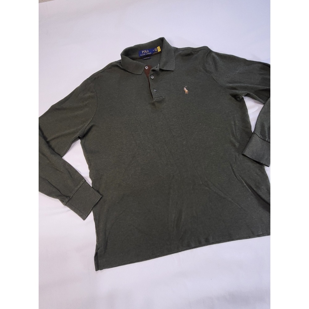 Polo Ralph Lauren Mens Long Sleeve Polo Shirt Olive Green Classic Fit Cotton M